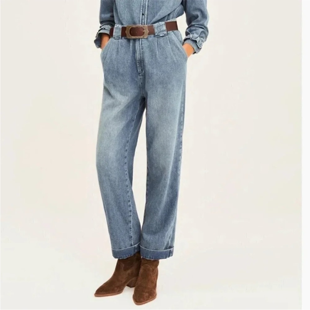 Ba&sh Saxo Pleated Wide Leg Organic Cotton Blue Denim High Waist Jean Trousers - Picture 2 of 9